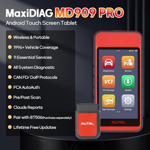 Autel MaxiDiag MD909 Pro OBD2 Scanner, 2026 BT Wireless All System Diagnostic Tool, MD909Pro Up of MD808Pro MD906Pro MD806 MD802, 11 Service Oil Reset ABS D-P-F etc, CAN FD, FCA SGW, Free Update - Image 2