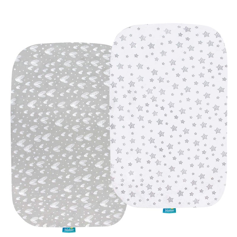 Biloban Bassinet Sheets Compatible with Baby Delight Beside Me Dreamer Bassinet, 2 Pack, 100% Jersey Knit Cotton Fitted Sheets, Breathable and Heavenly Soft, Grey and White Print for Baby - Image 1