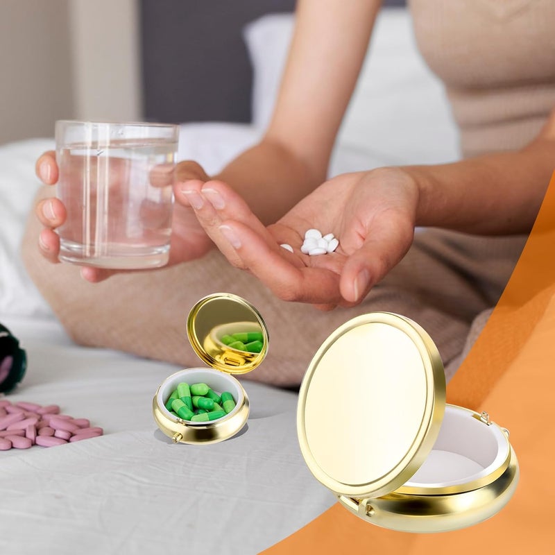 ولهيف علبة حبوب لطيفة صغيرة للحقيبة والجيب منظّم أدوية سفر علبة حبوب مقاومة للماء حاوية حبوب معدنية حامل للفيتامينات، زيت السمك، المكمّلات الغذائية (ذهبي) - Image 3