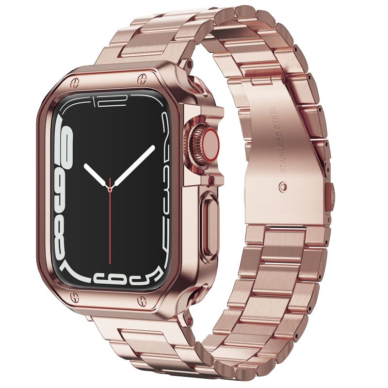 MRYUESG Designed for Apple Watch Band and Case Stainless Steel Metal Chain with TPU Cover SmartWatch Link Bracelet Strap WristBand for iWatch Series 9 8 7 6 5 4 3 2 1 SE 45mm 44mm 42mm RoseGold - Image 2