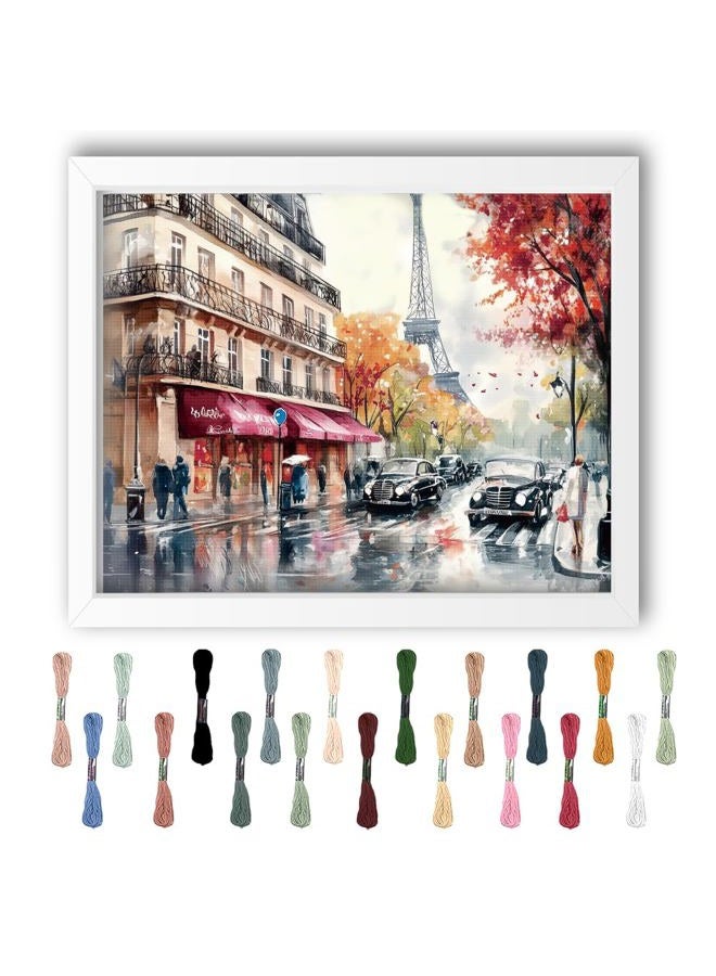 FREEBLOSS Street Scene Cross Stitch Kits Stamped Embroidery Wall Hanging Kits Pre Printed Stitches Practice Kit with Instructions for Adults Beginners Cross Stitching Handmade Gift - Image 1