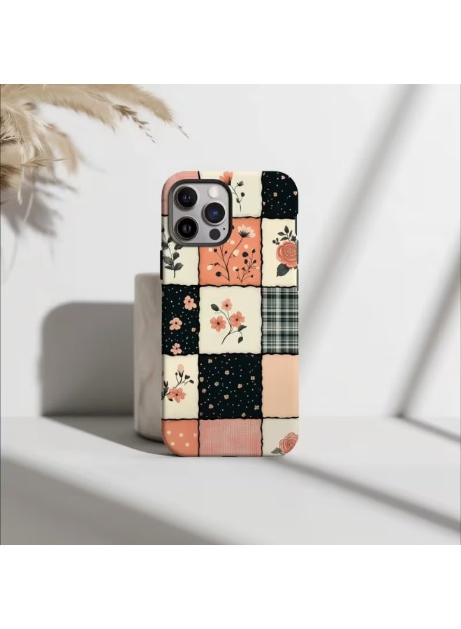 Temu Stylish design phone case with floral and checkered patterns, durable dual-layer 2-in-1 drop-proof protective case for iPhone 15 Pro Max. Perfect gift for Christmas, Halloween and birthdays! - Image 1