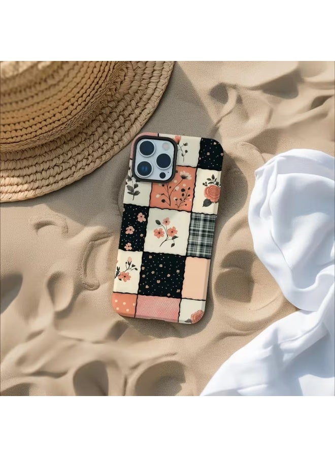 Temu Stylish design phone case with floral and checkered patterns, durable dual-layer 2-in-1 drop-proof protective case for iPhone 15 Pro Max. Perfect gift for Christmas, Halloween and birthdays! - Image 2