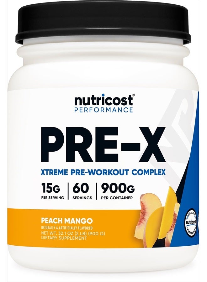 Nutricost مسحوق ما قبل التمرين Pre-X Xtreme، خوخ مانجو، 60 حصة، نباتي، غير معدّل وراثيًا وخالي من الغلوتين - Image 1