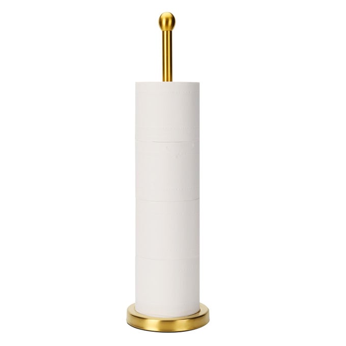 GOLD TOILET PAPER HOLDER STAND WITH RESERVE FLOOR STANDING TISSE ROLL HOLDER FOR 4 ROLLS COMPACT DESIGN BATHROOM TOILET PAPER STORAGE GOLD