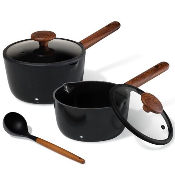 CAROTE 2QT & 3QT Sauce Pan Sets with Lid & Ladle Ceramic Nonstick Pot Set Non Toxic Saucepan Small Kitchen Cooking Pots, Easy to Clean, Induction Comptable, PFAS PTFE Free, Black