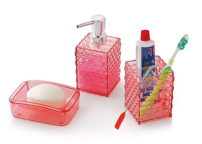 Fancyku FancykuBathroom 3 in 1 Transparent Space Saving Toothbrush Holder, Toothpaste Holder Stand Lotion Dispenser Bottle and Soap Holder Box Storage Set (Pink Colour) - Image 2