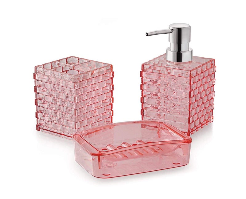 Fancyku FancykuBathroom 3 in 1 Transparent Space Saving Toothbrush Holder, Toothpaste Holder Stand Lotion Dispenser Bottle and Soap Holder Box Storage Set (Pink Colour) - Image 1