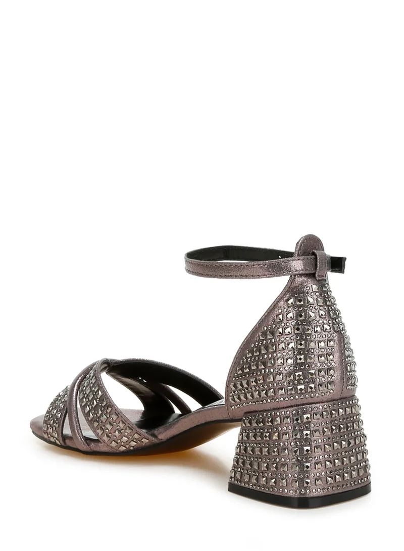 London Rag Low Block Heel Rhinestone Sandals in Pewter