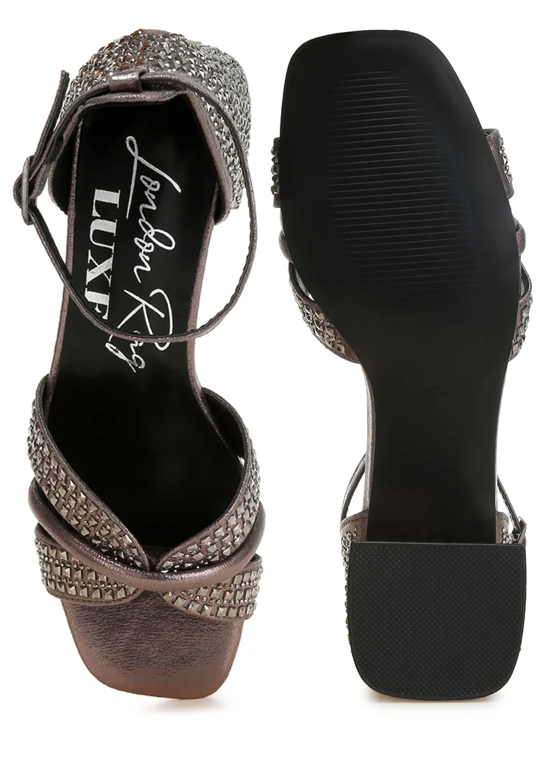 London Rag Low Block Heel Rhinestone Sandals in Pewter