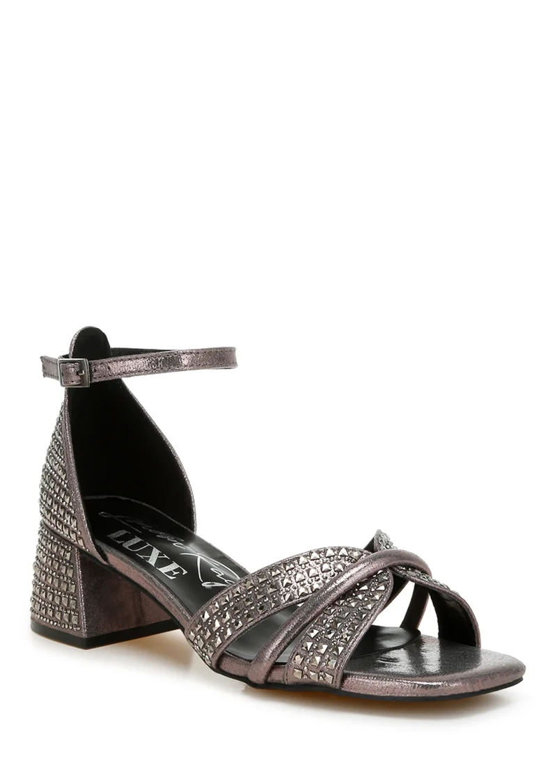 London Rag Low Block Heel Rhinestone Sandals in Pewter