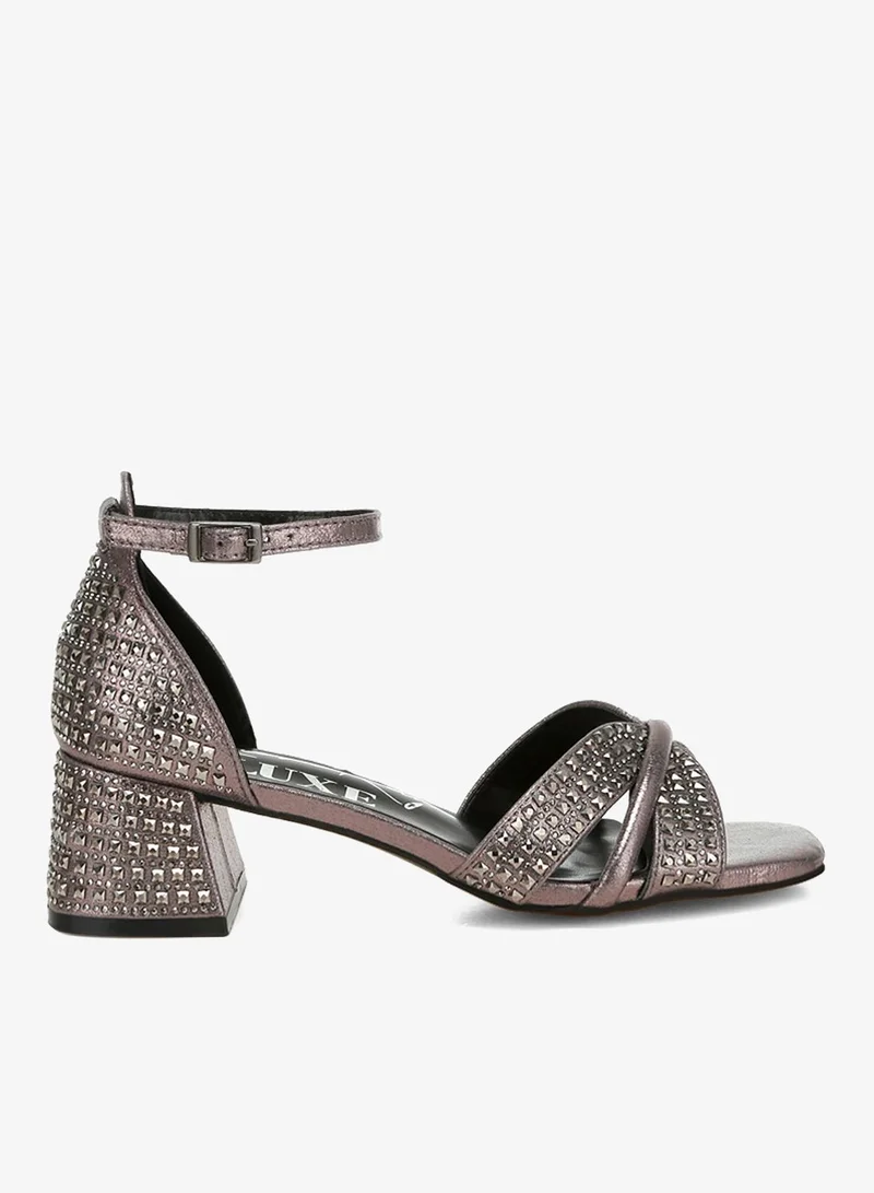 Low Block Heel Rhinestone Sandals in Pewter