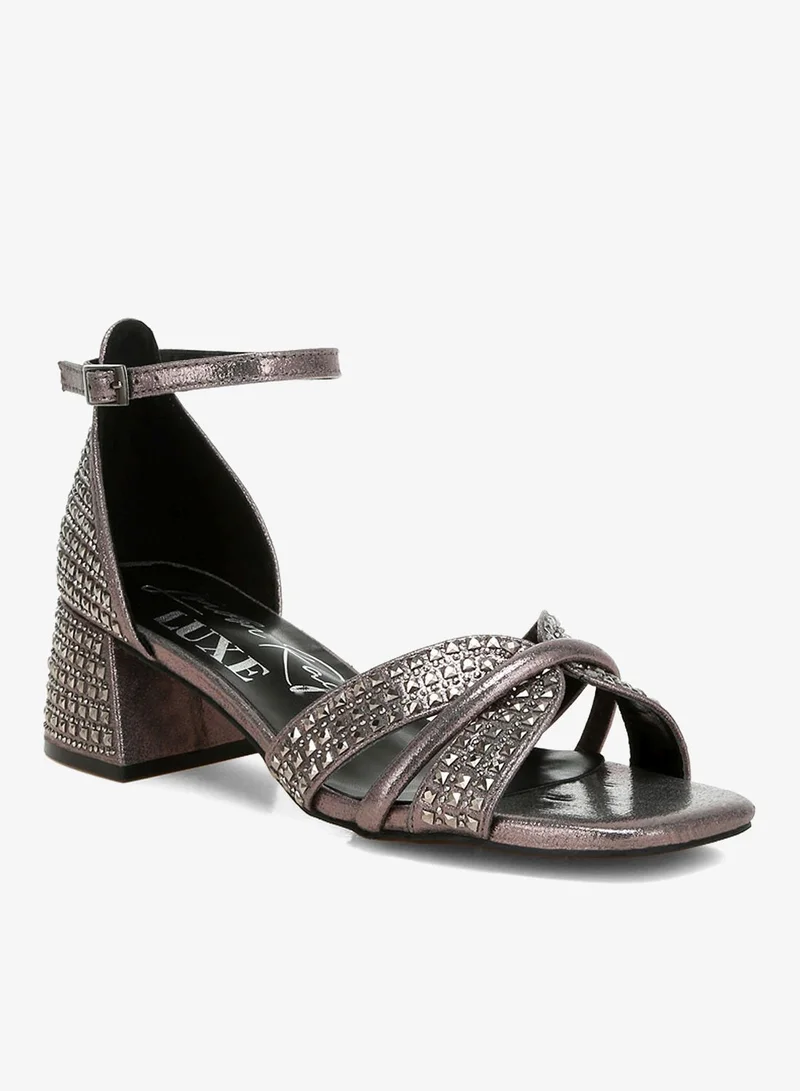 London Rag Low Block Heel Rhinestone Sandals in Pewter