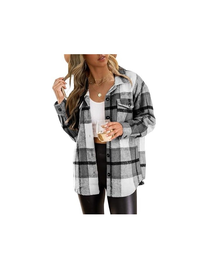Womens  Shacket Jacket Casual Plaid Wool Blend Button Down Long Sleeve Shirt Fall Clothes Outfits  - Image 1