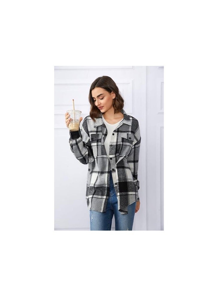 Womens  Shacket Jacket Casual Plaid Wool Blend Button Down Long Sleeve Shirt Fall Clothes Outfits