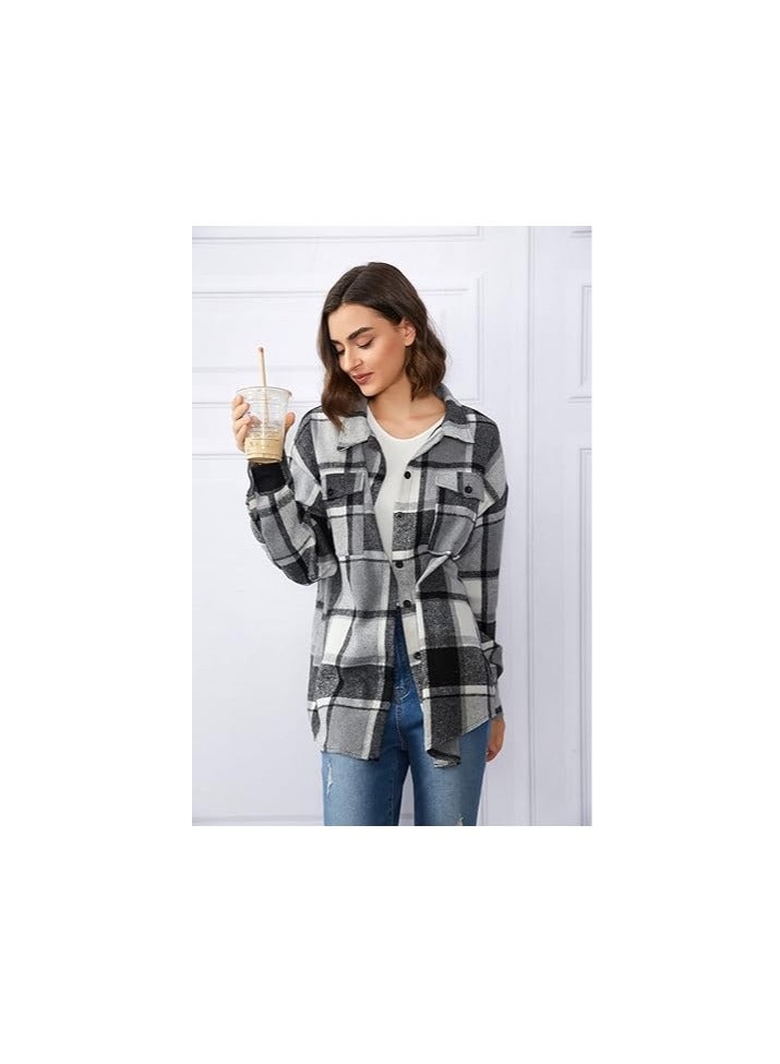 Womens  Shacket Jacket Casual Plaid Wool Blend Button Down Long Sleeve Shirt Fall Clothes Outfits  - Image 5
