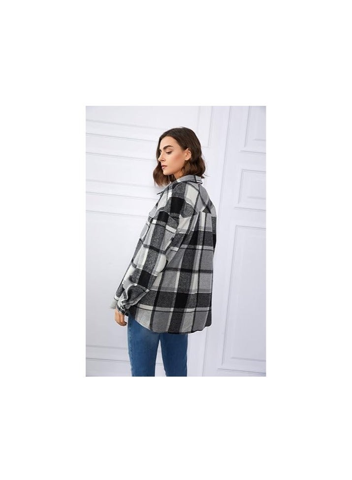Womens  Shacket Jacket Casual Plaid Wool Blend Button Down Long Sleeve Shirt Fall Clothes Outfits  - Image 3