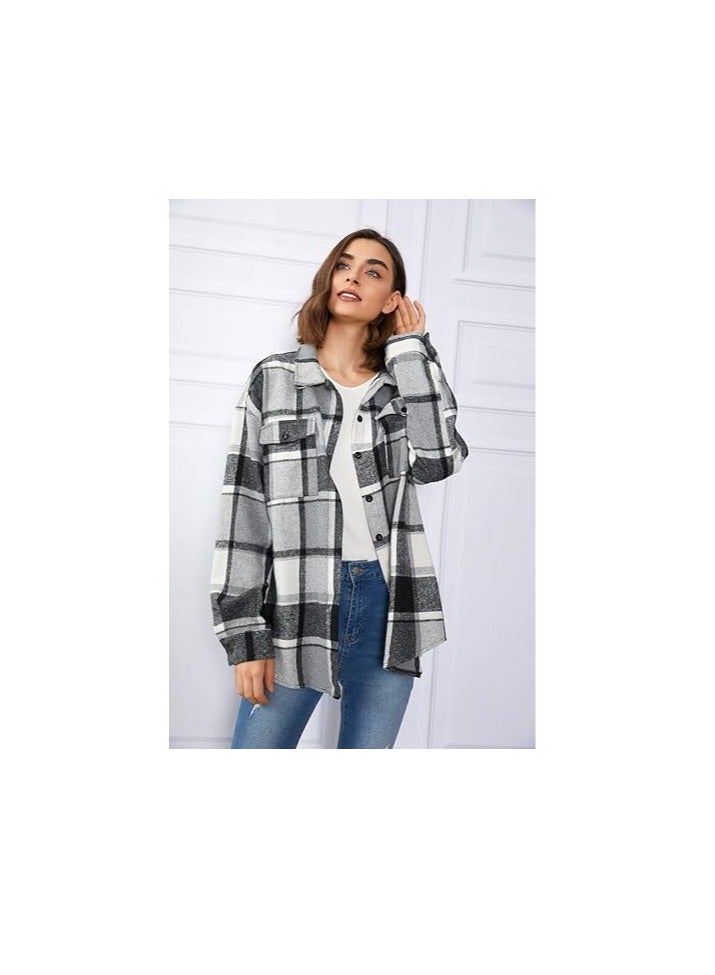 Womens  Shacket Jacket Casual Plaid Wool Blend Button Down Long Sleeve Shirt Fall Clothes Outfits  - Image 4