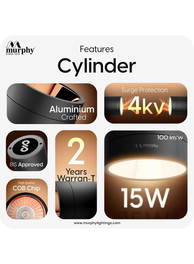 Murphy Aluminium 15W Black Body Cylindrical Surface Mounted Spot Light Down Light (Warm White, Pack Of 5) - Image 3