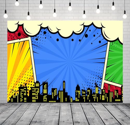BELECO 8x6ft Fabric Super City Backdrop for Superhero Photoshoot Comic Urban Skyline Boom Background for Superhero Party Decorations Baby Shower Birthday Photoshoot Studio Props - Image 3