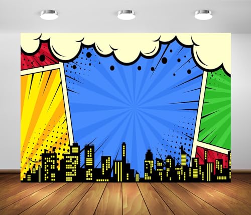 BELECO 8x6ft Fabric Super City Backdrop for Superhero Photoshoot Comic Urban Skyline Boom Background for Superhero Party Decorations Baby Shower Birthday Photoshoot Studio Props - Image 1