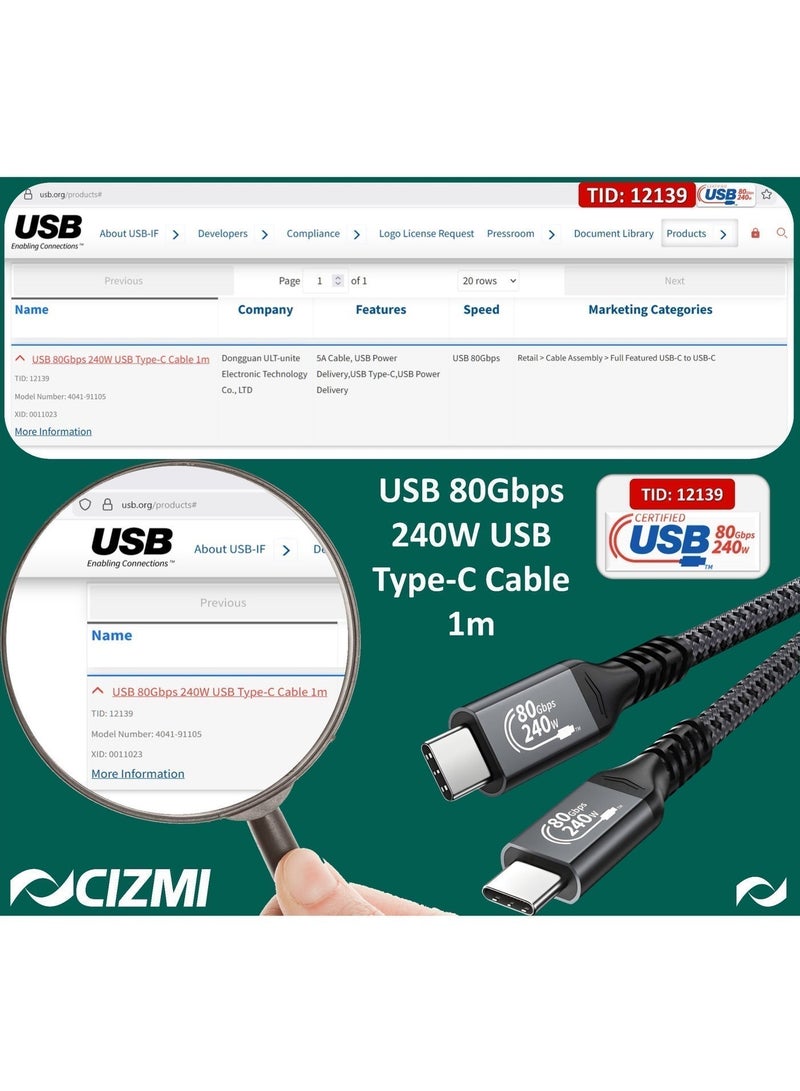 سيزمي ✦ CIZMI [معتمد من USB-IF] كابل USB4 Gen4 عالي الأداء بسرعة 80Gbps وقدرة 240W | شحن Power Delivery PD 3.1 EPR | Thunderbolt 5 | دقة 16K@60Hz و8K@120Hz و4K@480Hz | متوافق مع iPhone 17/16/15 وSamsung وغيرها | بطول 1 متر - Image 4