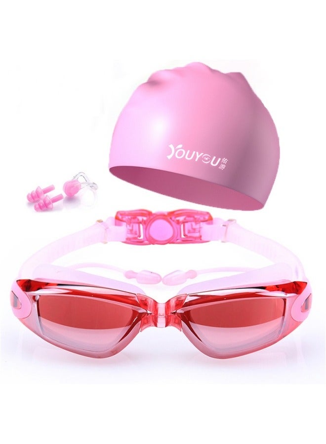 Generic Swimming Kit | Electroplated Swimming Goggles - Silicone Swim Cap - Earplugs - Nose clip | Comfortable Adjustable Anti Fog UV Protected lenses | For Adults or Kids Men or Women | No Leaking | Pink - Image 1