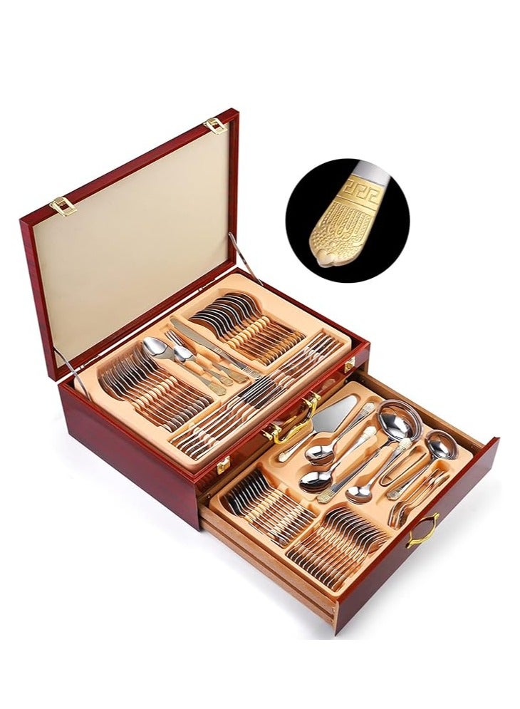 general Gold Cutlery Set Elegant Texture Stainless Steel Cutlery Luxury Crown Pattern Cutlery Set Cutlery for Wedding Family Dinner Dishwasher Safe Gift Box (72 Pieces, Gold) - Image 1