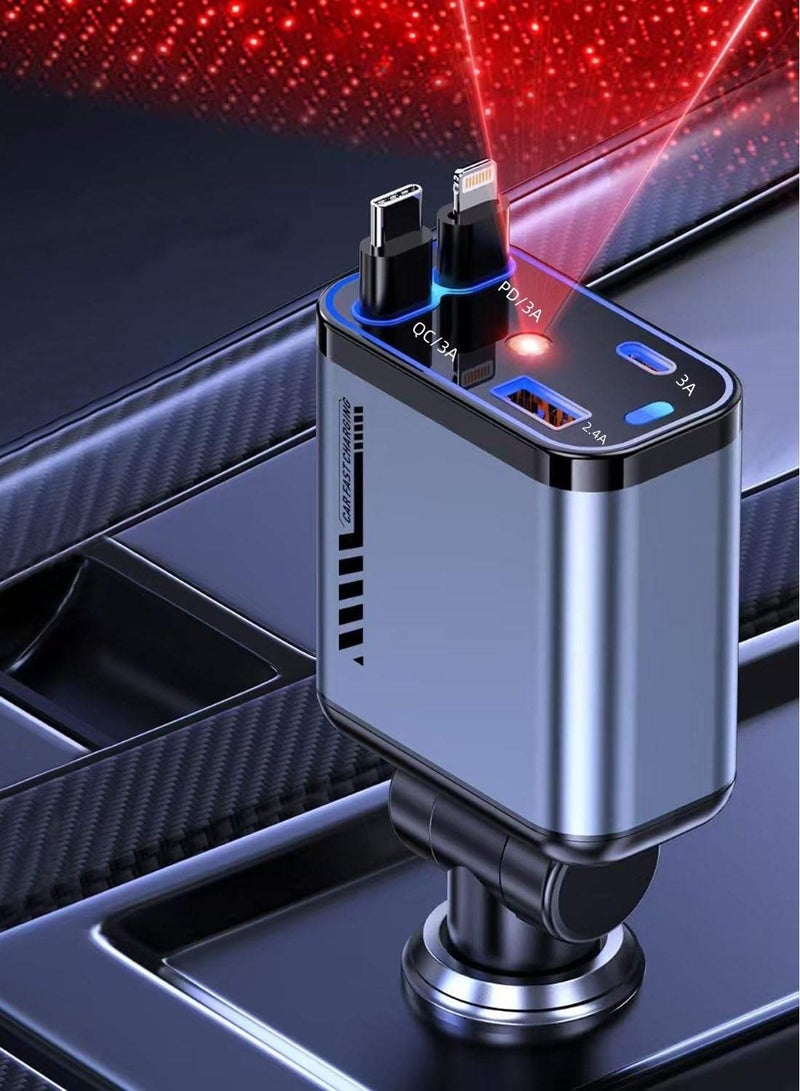 Digi Core شاحن سيارة 4 في 1 مزود بضوء النجوم وشاحن سريع مدمج ثنائي الأسلاك وكابلات قابلة للسحب (USB-C وiOS) شاحن سيارة ذكي مع منفذ USB-A + Type-C متوافق عالميًا 12/24 فولت أفضل ملحقات السيارة - Image 1