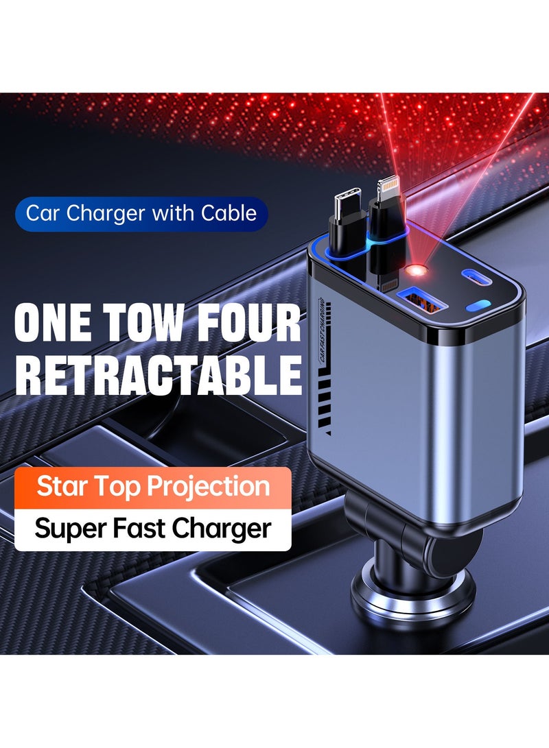Digi Core شاحن سيارة 4 في 1 مزود بضوء النجوم وشاحن سريع مدمج ثنائي الأسلاك وكابلات قابلة للسحب (USB-C وiOS) شاحن سيارة ذكي مع منفذ USB-A + Type-C متوافق عالميًا 12/24 فولت أفضل ملحقات السيارة - Image 2