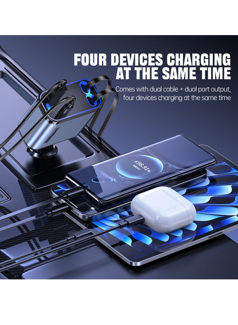 Digi Core شاحن سيارة 4 في 1 مزود بضوء النجوم وشاحن سريع مدمج ثنائي الأسلاك وكابلات قابلة للسحب (USB-C وiOS) شاحن سيارة ذكي مع منفذ USB-A + Type-C متوافق عالميًا 12/24 فولت أفضل ملحقات السيارة - Image 5