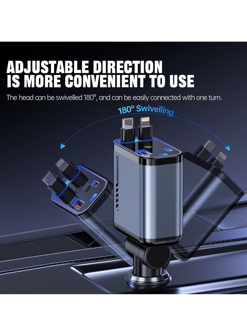 Digi Core شاحن سيارة 4 في 1 مزود بضوء النجوم وشاحن سريع مدمج ثنائي الأسلاك وكابلات قابلة للسحب (USB-C وiOS) شاحن سيارة ذكي مع منفذ USB-A + Type-C متوافق عالميًا 12/24 فولت أفضل ملحقات السيارة - Image 4