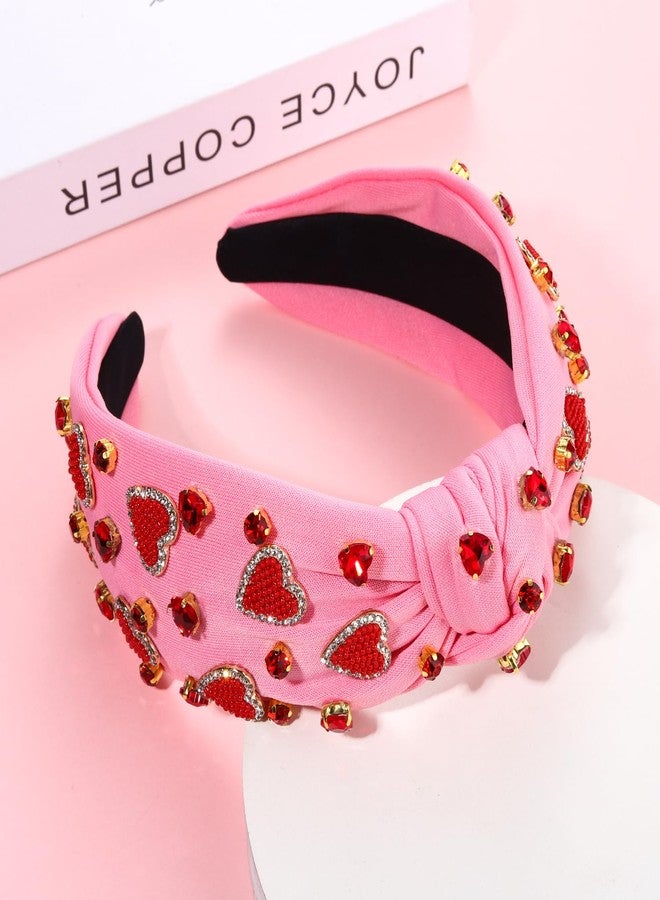 YAHPERN Valentine’s Day Headband for Women Red Pink Heart Knotted Headband Jeweled Rhinestone Crystal Wide Top Knot Hairband Valentine’s Day Hair Accessories Holiday Gifts (Pink) - Image 4