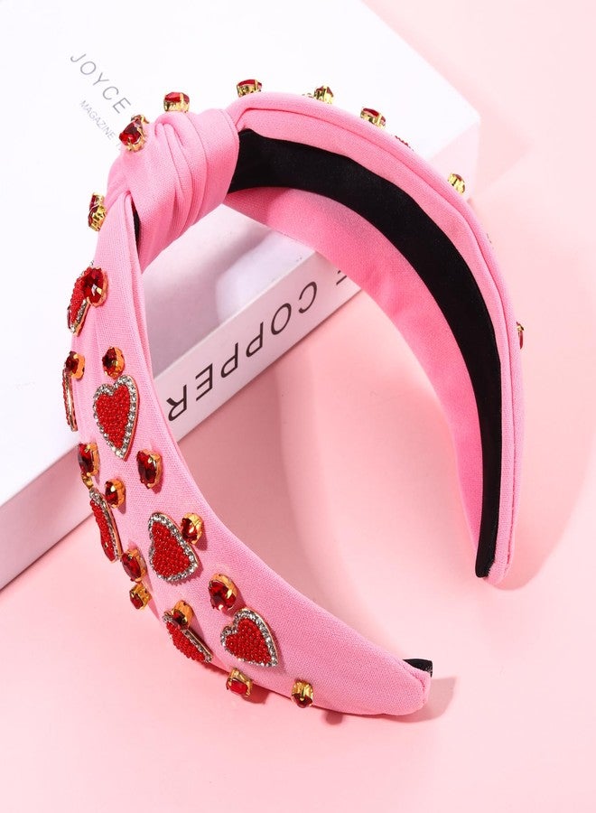YAHPERN Valentine’s Day Headband for Women Red Pink Heart Knotted Headband Jeweled Rhinestone Crystal Wide Top Knot Hairband Valentine’s Day Hair Accessories Holiday Gifts (Pink) - Image 2