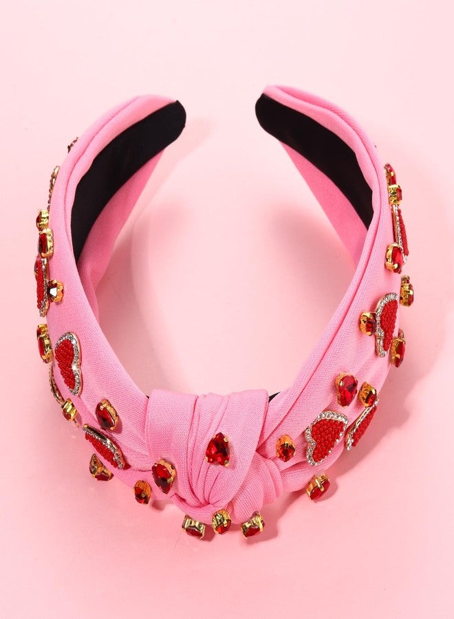 YAHPERN Valentine’s Day Headband for Women Red Pink Heart Knotted Headband Jeweled Rhinestone Crystal Wide Top Knot Hairband Valentine’s Day Hair Accessories Holiday Gifts (Pink) - Image 5