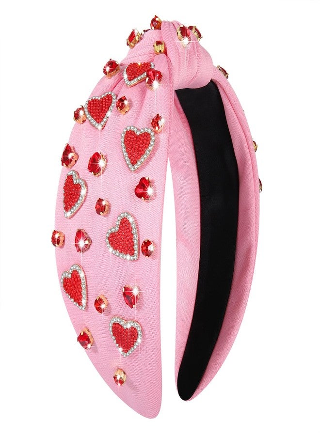 YAHPERN Valentine’s Day Headband for Women Red Pink Heart Knotted Headband Jeweled Rhinestone Crystal Wide Top Knot Hairband Valentine’s Day Hair Accessories Holiday Gifts (Pink) - Image 1