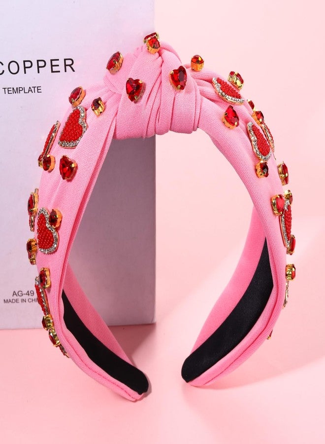YAHPERN Valentine’s Day Headband for Women Red Pink Heart Knotted Headband Jeweled Rhinestone Crystal Wide Top Knot Hairband Valentine’s Day Hair Accessories Holiday Gifts (Pink) - Image 3