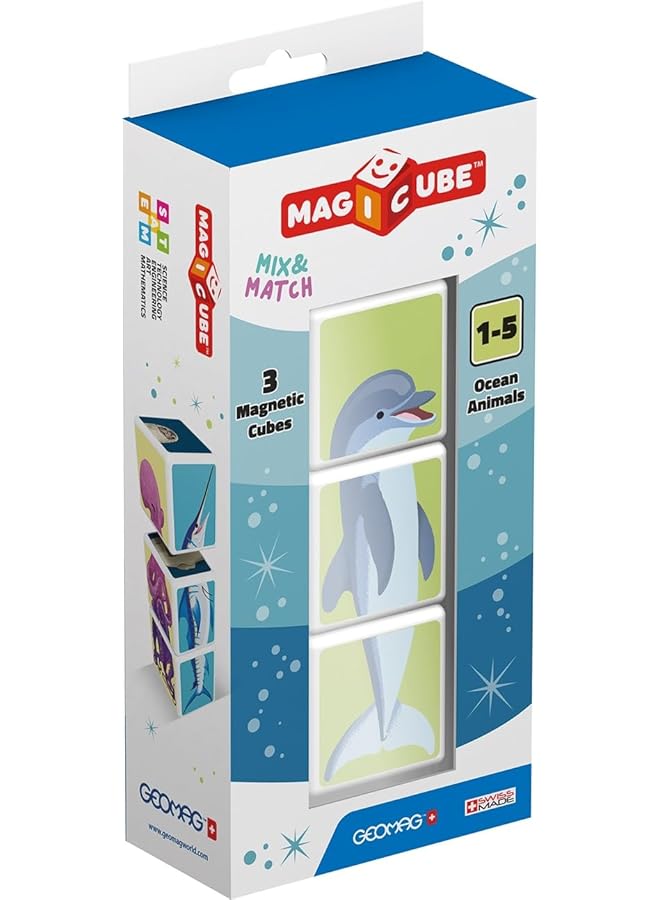 GEOMAG Magicube Mix & Match Ocean Animals Stem & Educational Magnet Toys Made In Switzerland 100% Recycled Plastic Open Ended Toys Contruction Toys 1Yr+ 3Pcs - Image 1