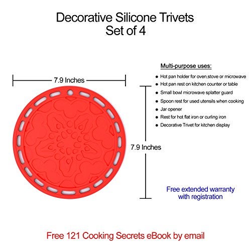 Silicone Designs Silicone Hot Pads (Set of 4) - 6 in 1 Multi-Purpose Kitchen Tool, Pot Holder, Splatter Guard, Microwave Cover, Jar Opener, Decorative Trivet, Red, 8 Inches. Includes 121 Cooking Secrets Ebook - Image 2