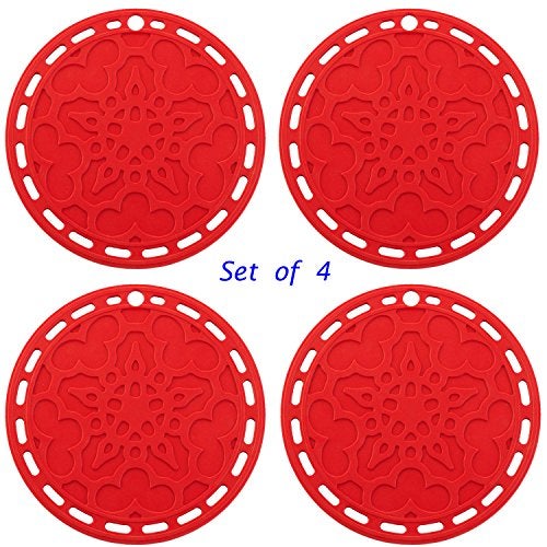 Silicone Designs Silicone Hot Pads (Set of 4) - 6 in 1 Multi-Purpose Kitchen Tool, Pot Holder, Splatter Guard, Microwave Cover, Jar Opener, Decorative Trivet, Red, 8 Inches. Includes 121 Cooking Secrets Ebook - Image 3