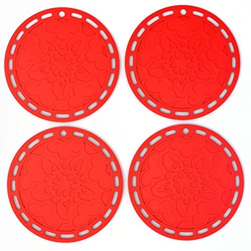 Silicone Designs Silicone Hot Pads (Set of 4) - 6 in 1 Multi-Purpose Kitchen Tool, Pot Holder, Splatter Guard, Microwave Cover, Jar Opener, Decorative Trivet, Red, 8 Inches. Includes 121 Cooking Secrets Ebook - Image 1