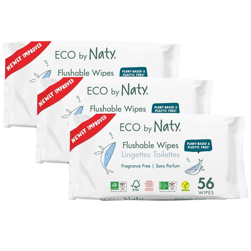 Eco by Naty Flushable Baby Wipes - Compostable and Plant-Based Wipes, Chemical-Free and Hypoallergenic Baby Wipes Safe for Baby Sensitive Skin, 56 Wipes Per Pack (3 Pk) - Image 1