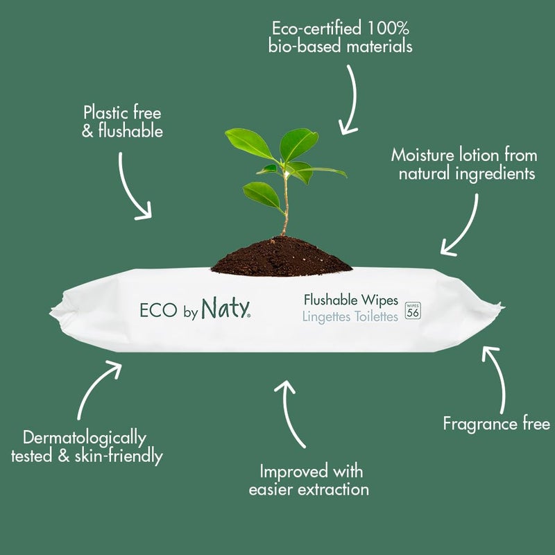 Eco by Naty Flushable Baby Wipes - Compostable and Plant-Based Wipes, Chemical-Free and Hypoallergenic Baby Wipes Safe for Baby Sensitive Skin, 56 Wipes Per Pack (3 Pk) - Image 2