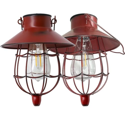 YAKii 2 Pack Solar Lantern Hanging Waterproof Outdoor Metal Solar Lamp with Warm White Light Decorate for Yard Garden Pathway Patio Porch Decor (Red) - Image 2