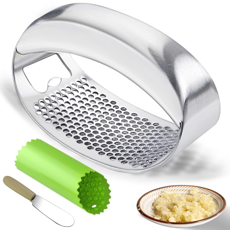 Kebley Garlic Press Rocker Heavy Duty Stainless Steel Garlic Mincer Garlic Crusher Garlic Chopper with Peeler And Scraper for Smash Garlic Builtin Bottle Opener