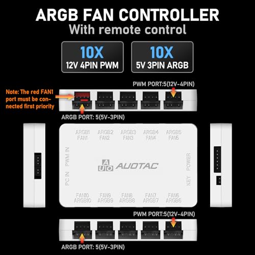 Auotac ARGB Controller PWM Fan Hub with RF Remote, (Connect Ten Case Fans, 5V 3Pin ARGB & 12V 4Pin PWM Fan Connector, Dual SATA Power Input, Magnetic Suction), White - Image 3