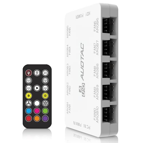 Auotac ARGB Controller PWM Fan Hub with RF Remote, (Connect Ten Case Fans, 5V 3Pin ARGB & 12V 4Pin PWM Fan Connector, Dual SATA Power Input, Magnetic Suction), White - Image 1
