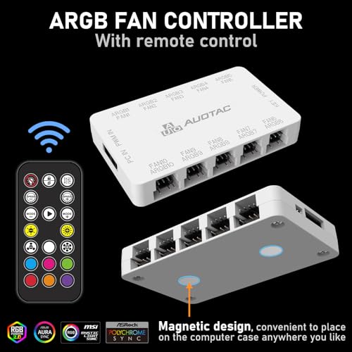 Auotac ARGB Controller PWM Fan Hub with RF Remote, (Connect Ten Case Fans, 5V 3Pin ARGB & 12V 4Pin PWM Fan Connector, Dual SATA Power Input, Magnetic Suction), White - Image 5