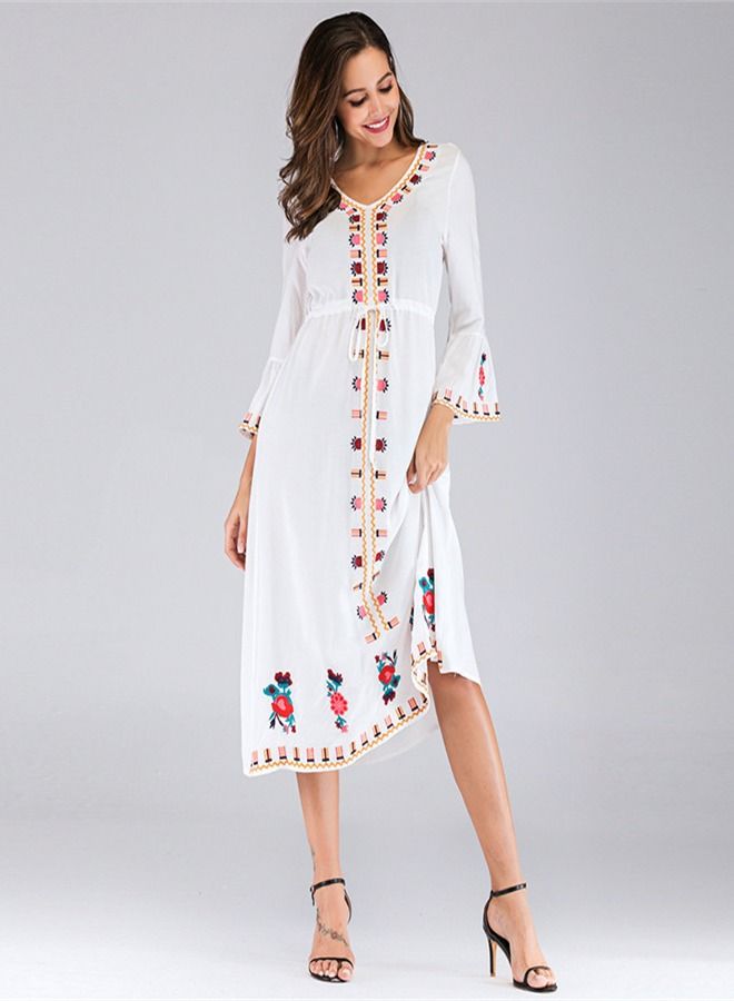 Loquat Women's Embroidered V-neck Lace Up Nine Quarter Sleeve Dress 