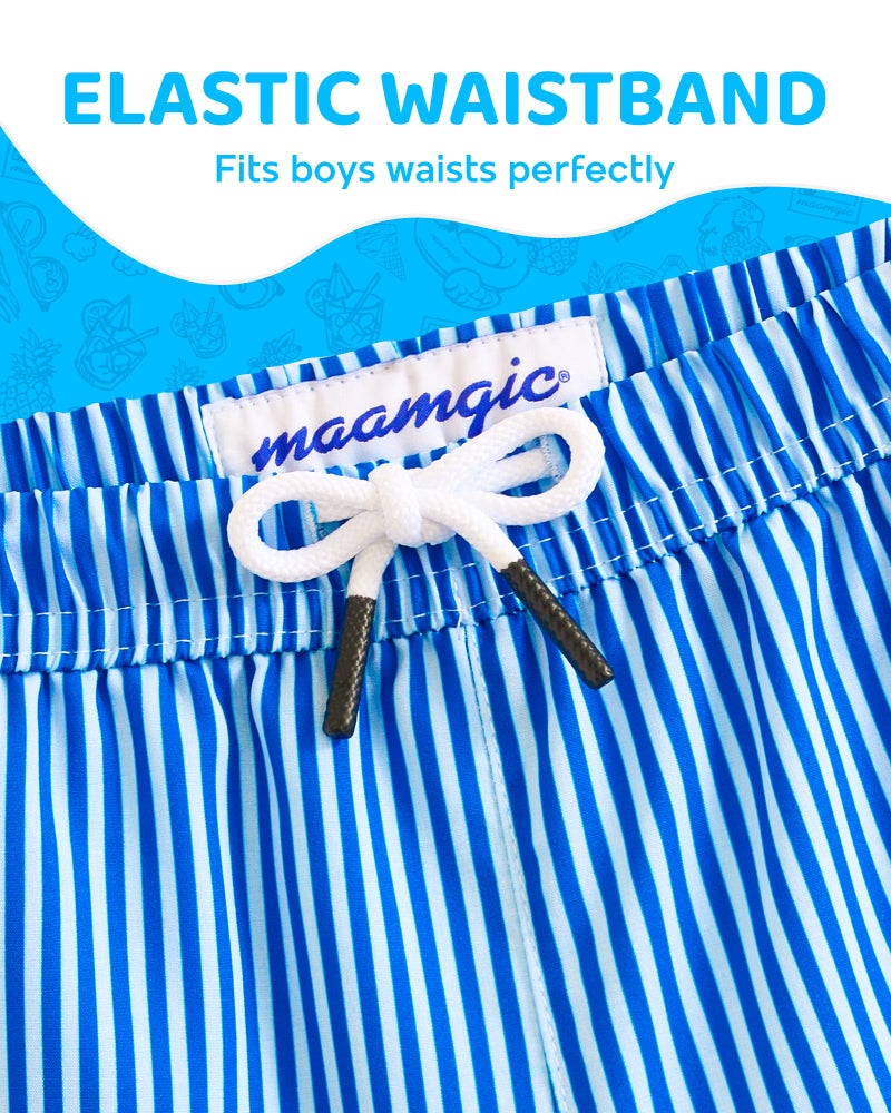 maamgic Boys Swim Trunks with Compression Liner 4-Way Stretch Quick Dry Bathing Suit Toddler Beach Shorts Blue White Stripes 10-12 Years - Image 3